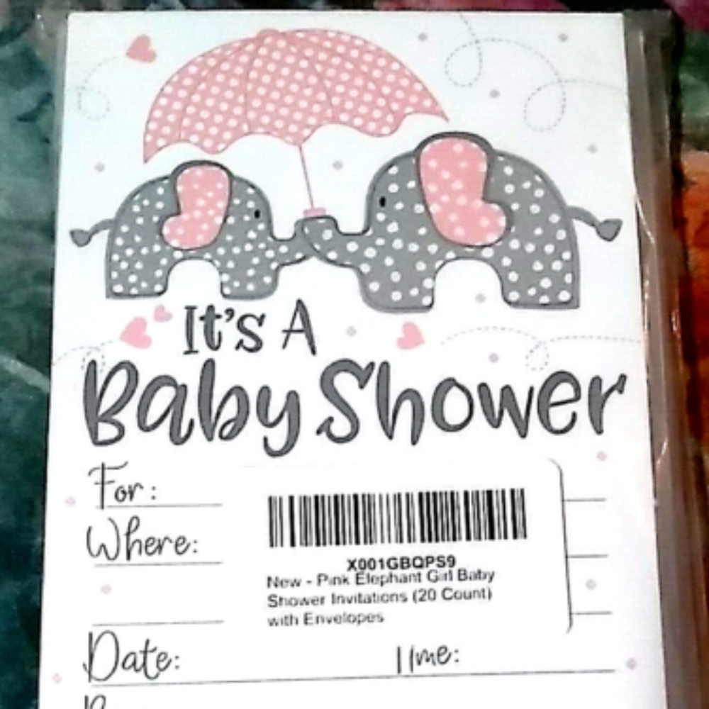 M & H INVITES PINK ELEPHANT BABY GIRL 20 COUNT CARDS & ENVELOPES POLKA DOT HEART